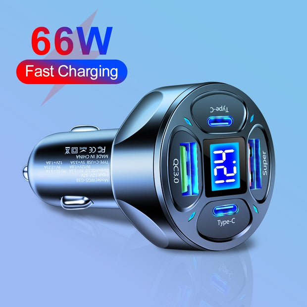 66W 2USB 2Type-c Digital Display Car Charger Support Super Fast Charge